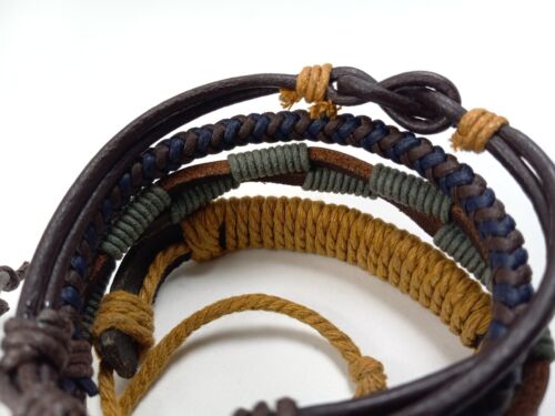 Mens Leather Bracelet Lot 4 Boho Rope Corded Natural Jewelry Summer Adjustable - Picture 5 of 5