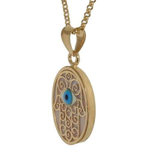 Echt 14k Gelbgold 0,86" Perlmutt Evil Eye Chamsa Halskette 16" - 22" - Bild 2 von 8
