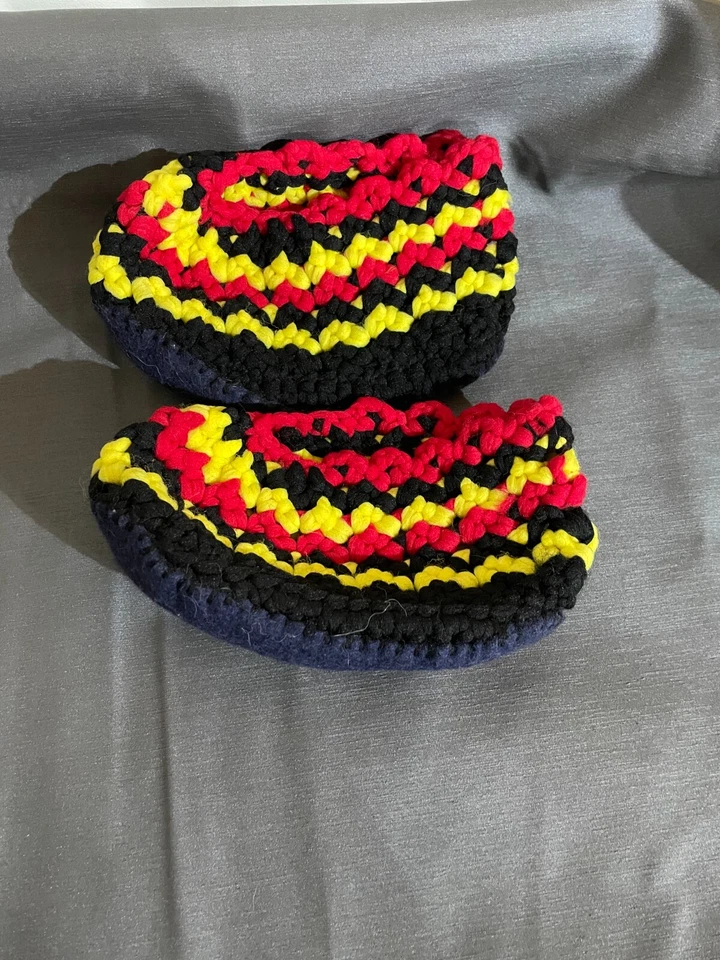 Vtg Nylon Slipper Handmade Knit Orange Yellow Blue-Padded foot - Rare - Retro - Image 2 of 4