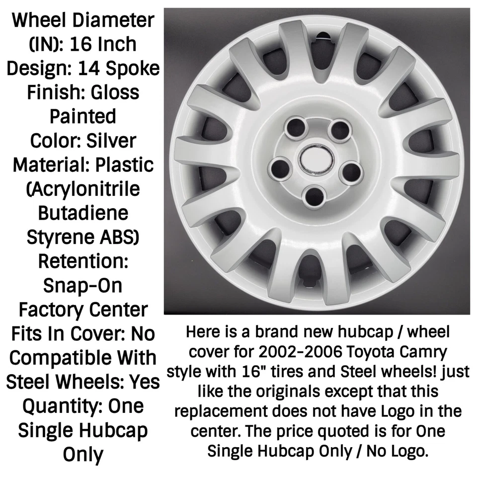 One Wheel Cover Hubcap Fits 2002-2006 Toyota Camry 16" Silver # B8839-16S Foto 4 de 4