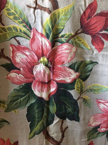 Antigua Cortina de Tela de Algodón Floral Magnolia Audaz ~ Rojo Verde Gris Lima - Imagen 5 de 6