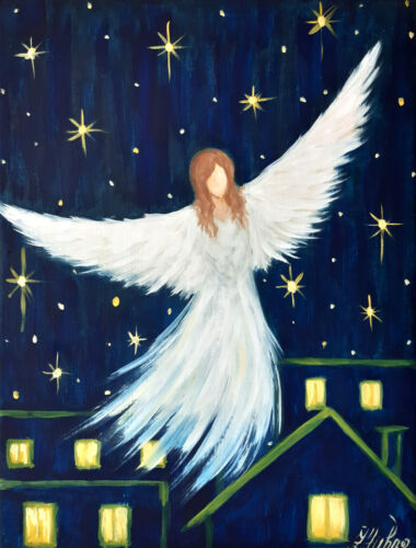 Peinture d'ange art religieux original toile d'ange huile art mural.  - Photo 1 sur 6