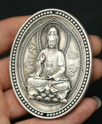 2.6" Chinese Miao Silver Buddhism Kwan-yin Guan Yin Boddhisattva Amulet Pendant - Picture 5 of 11