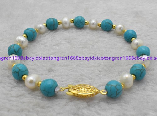 Natural 7-8mm White Pearl & 8mm Blue Turquose Gems Round Beads Bracelet 7.5 Inch - Picture 10 of 12