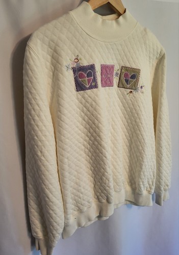 Vintage Quilted White Heart Applique Ugly Sweater Sweatshirt L 80s Holiday - Picture 8 of 9