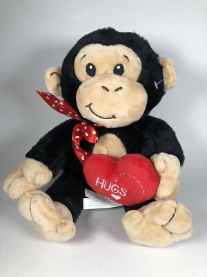 American Greetings Plush Monkey Heart Hugs Chimpanzee 7.5  Black Beige Stuffed 