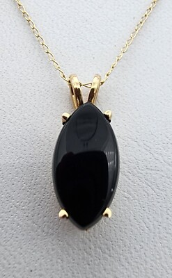 14k .585 Gold Navette Black Jade Floating Pendant 18'' Necklace Au 2326