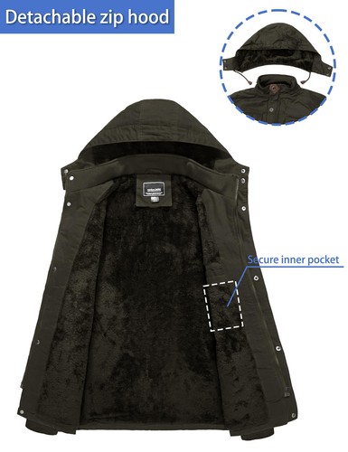 Mens Winter Cotton Jacket Fleece Lined Thick Work Coats Warm Cargo Hooded Jacket - Picture 28 of 67