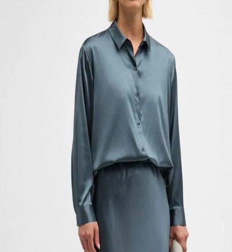 Eileen Fisher Classic Collar Silk Button-Up Blouse Petite Small Eclipse