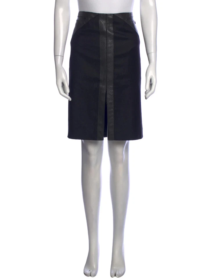 Falda hasta la rodilla Chanel 2010 ribete de cuero negro trabajo profesional de negocios talla M/US6/FR38