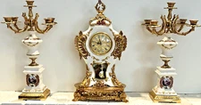 Vintage French Limoges Porcelain Mantel Clock W/Candelabra Garnitures Gold PLATE