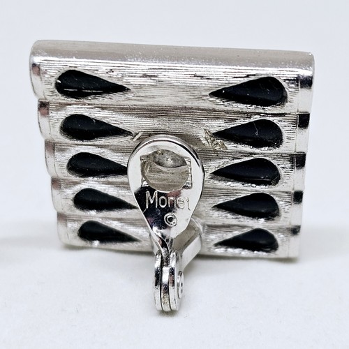 Vintage MONET Earrings Signed Silver Black Geometric Modernist Clip-On RARE - Picture 9 of 10