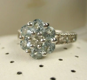Wonderful Round Cut Blue Topaz CZ Encrusted Cluster Cocktail Ring Size 7 925