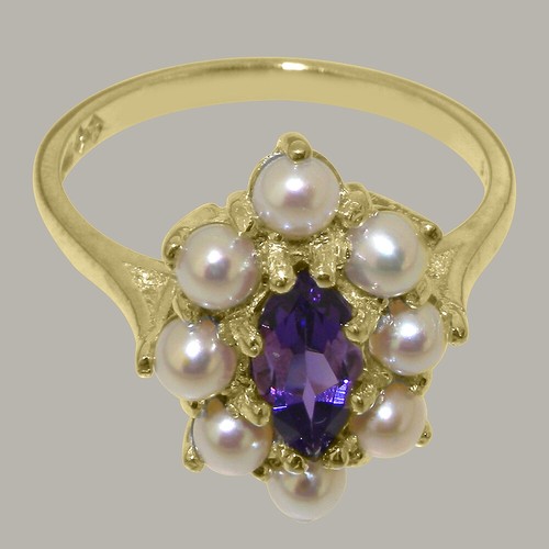 Solid 10k Yellow Gold Natural Amethyst & Pearl Womens Cluster Ring - Picture 4 of 5