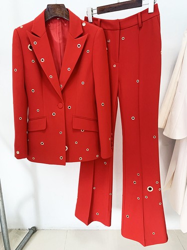 Women Flare Pants Suit Hot with Metal Rings Blazer + Flare Trousers Suit - Picture 10 of 21