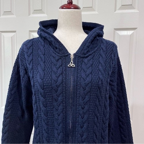 Aran Crafts 100% Merino Wool Cable Knit Hooded Zip Cardigan Irish - Picture 2 of 10