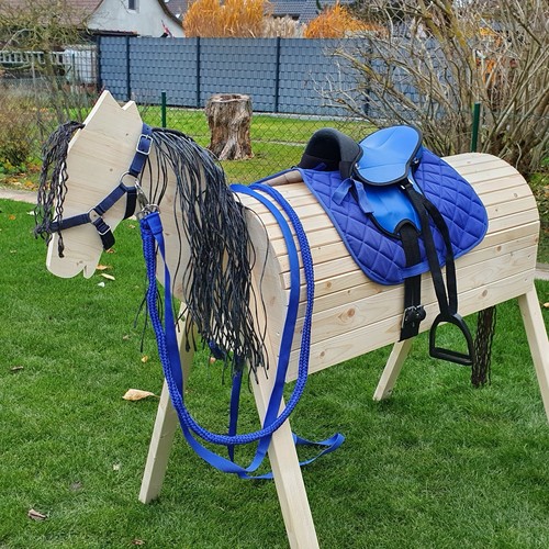 Holzpferd Voltigierpferd Holzpony Pferd Pony schwarze Flecht-Mähne Sattel blau - Bild 6 von 6