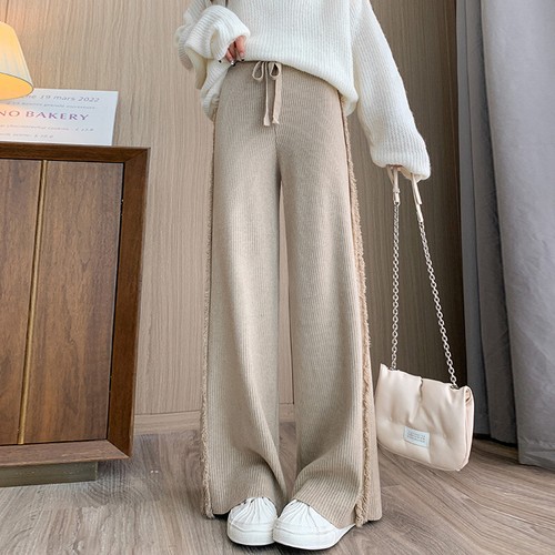 Women's Tassel Knitted Wide Leg High Waist Casual Slim Fit Knitted Pants - Picture 1 of 27