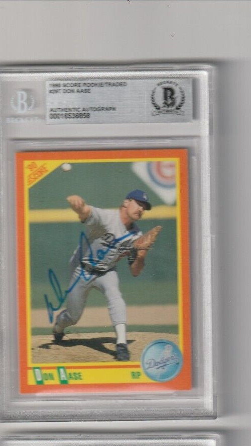 RARE LOS ANGELES DODGERS DON AASE 1990 SCORE SIGNED  BECKETT AUTH ENCAP CARD
