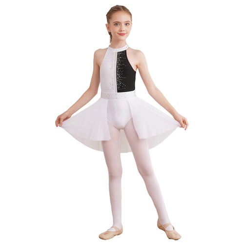 Kids Girls Glittery Rhinestones Bodysuit Irregular Hem Sleeveless Dance Dress - Picture 159 of 174