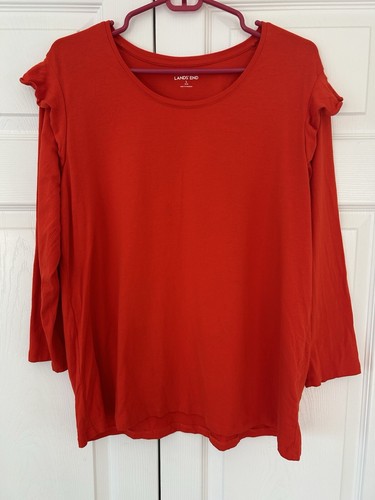 Lands’ End Women’s Orange Ruffle Trim Long Sleeve Cotton Blend Blouse Shirt Sz L