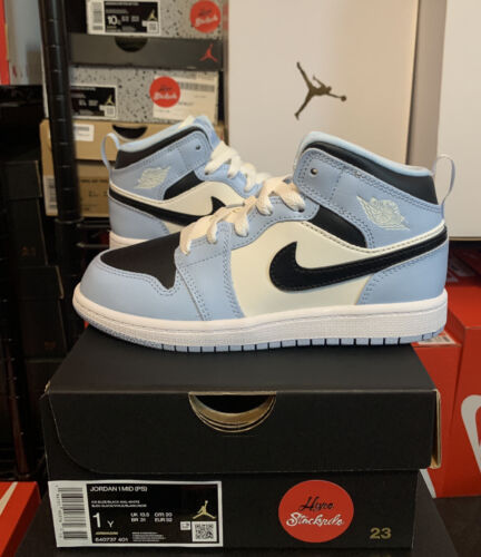Nike Air Jordan 1 Mid Ice Blue Black White UNC Shoes 555112-401 (GS) Youth Sizes - Picture 12 of 12
