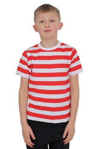 Kids Boys Girls Red & White Striped T-shirt Party Set World Book Day Hat Glasses - Picture 8 of 13