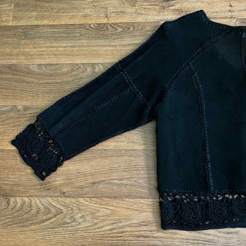 Vintage 90s Black Suede Leather Jacket or Shirt with Floral Crochet Details S - Picture 10 of 13