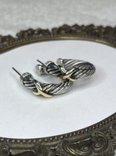 David Yurman 925 Sterling Silver 14K 585 Gold Cable X Hoop Earrings