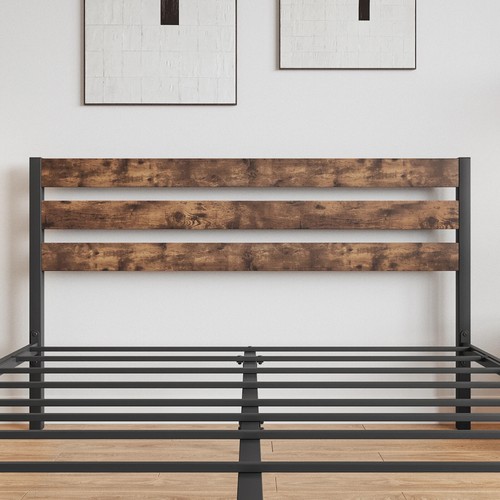 Queen Size Metal Bed Frame With Headboard Brown Wood Metal - Bed Frame Queen - Picture 7 of 7