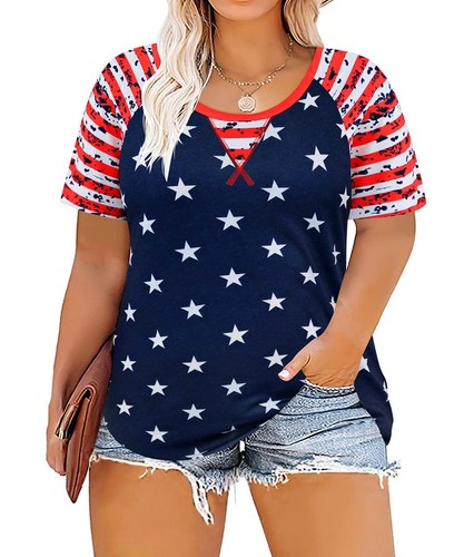 Übergröße Tops für Damen blau Sterne Farbblock rot gestreift Raglan Kurzarm...