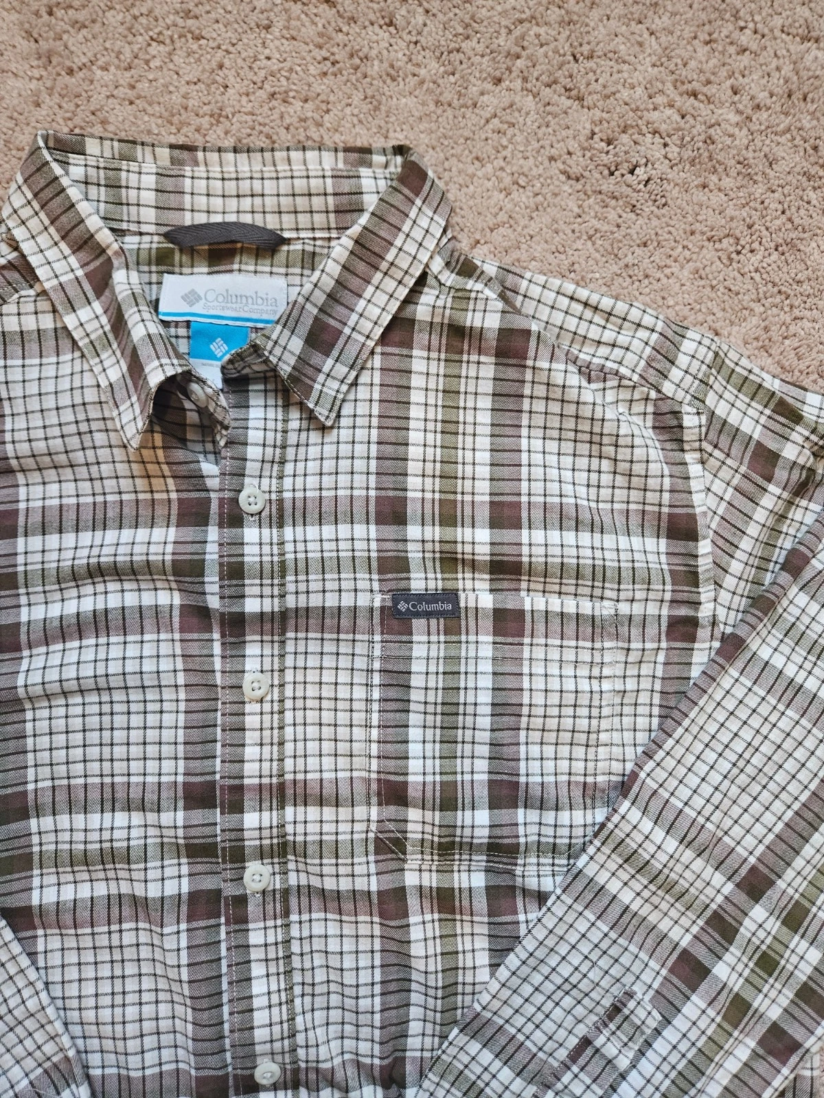 Columbia Cotton Shirt Mens Large Brown White Plaid Long Sleeve Button Outdoor