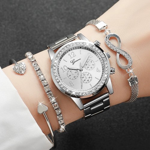 4 Stück/Set Mode Strass Damen Uhren Luxus Stahlband Damen Quarzuhr - Bild 3 von 9
