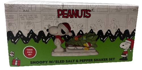 Peanuts Snoopy Weihnachtsbaum Schlitten Salz & Pfefferstreuer 3 Stück Cracker Fass Neu - Bild 2 von 3