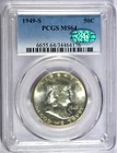 1949-S PCGS MS64 Franklin Silver Half Dollar with Green CAC Label