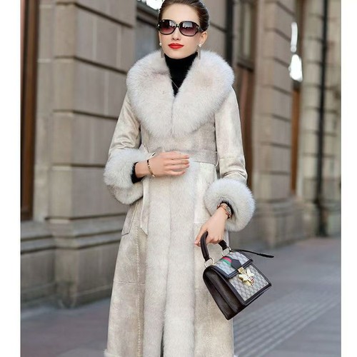 Invierno Nuevo Mujeres 100% Piel de Zorro Cuello Cuero Chaqueta Piel de Conejo Abrigo Largo Ajustado - Imagen 3 de 28