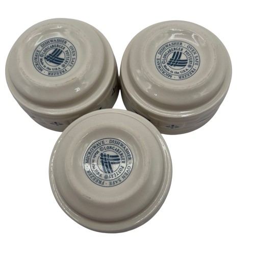 3 Longaberger Pottery Woven Traditions Classic Blue Custard Cups/Ramekin Bowls - Picture 8 of 10