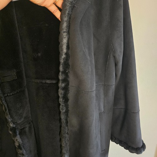 Contemporaine Faux Suede Faux Fur Hooded Overcoat Black Petite S/M Long Warm - Picture 8 of 16