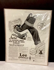 1934 Vintage Lee Overalls Ad Print On Poster board & In Plastic Sleeve