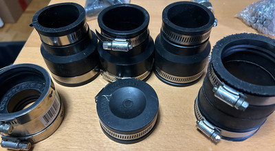 New Lot of 6 Flexible Couplings, cap, reducer, various sizes, Stainless SS Band