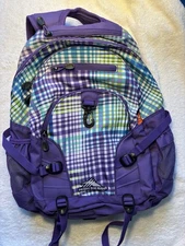High Sierra Backpack Knapsack Bookbag Travel /Hiking Pack 20inX15in Plaid Purple