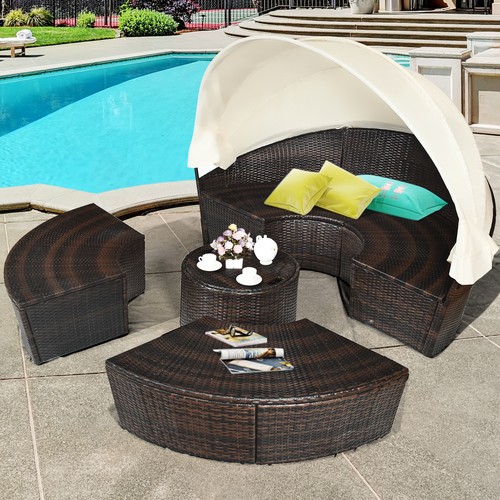 Patio Rattan Daybed Wicker Outdoor Sofa Bed Furniture Set w/ Canopy Pillow Table - Picture 3 of 7