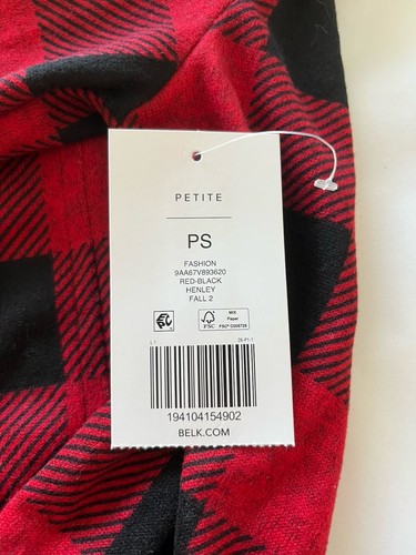 Kim Rogers Womens Size PS Red Black Plaid 3/4 Sleeve Henley Shirt Super Soft NWT - Picture 3 of 7