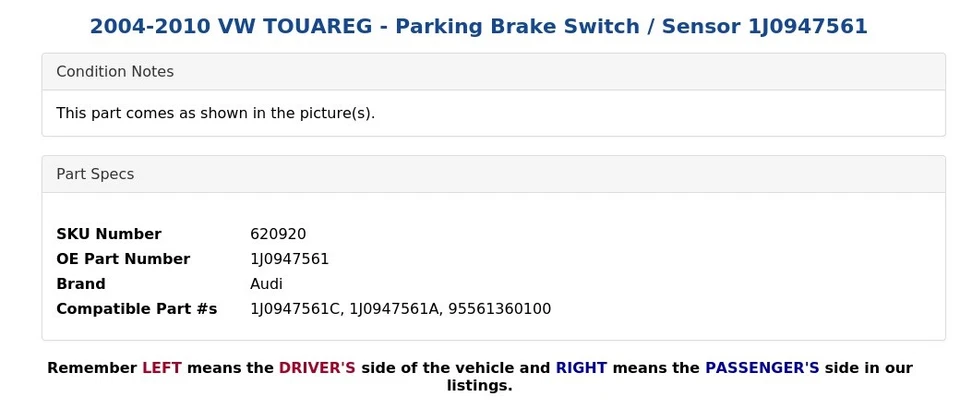 VW TOUAREG 2004-2010 - Interruptor de freno de estacionamiento/sensor 1J0947561 Foto 3 de 3