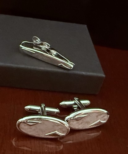 Vintage Silver Ton Cufflinks and Tie Clip - 1960s SWANK Oval Mid Century Modern