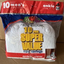Fruit of the Loom 10 Pair Cushioned Ankle Crew Socks White Sz 6-12 VTG 2001 Men