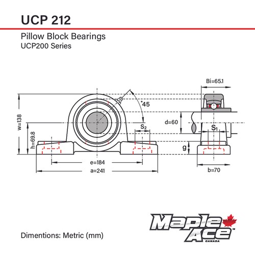 UCP212 Pillow Block Bearing 60mm Bore, 2-Bolt, Self-Aligning, 3 Lips Seal (Qty1) - Picture 4 of 6