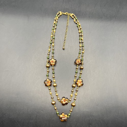 Lagenlook Kunstperlen Halskette Bernsteinfarben Kunstglas Blume Station Floral Retro - Bild 4 von 6