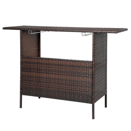 Rattan Wicker Bar Counter Table Shelves Garden Patio Furniture w/Wine Glass Rack - Picture 10 of 12