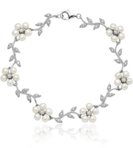 925 Sterling Silver CZ Vine Freshwater Cultured Pearl Flower Charm Bracelet - Bild 1 von 10